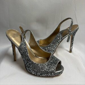 Belle Badgley Mischka Glitter Slingback Platform Heels Silver Size 8